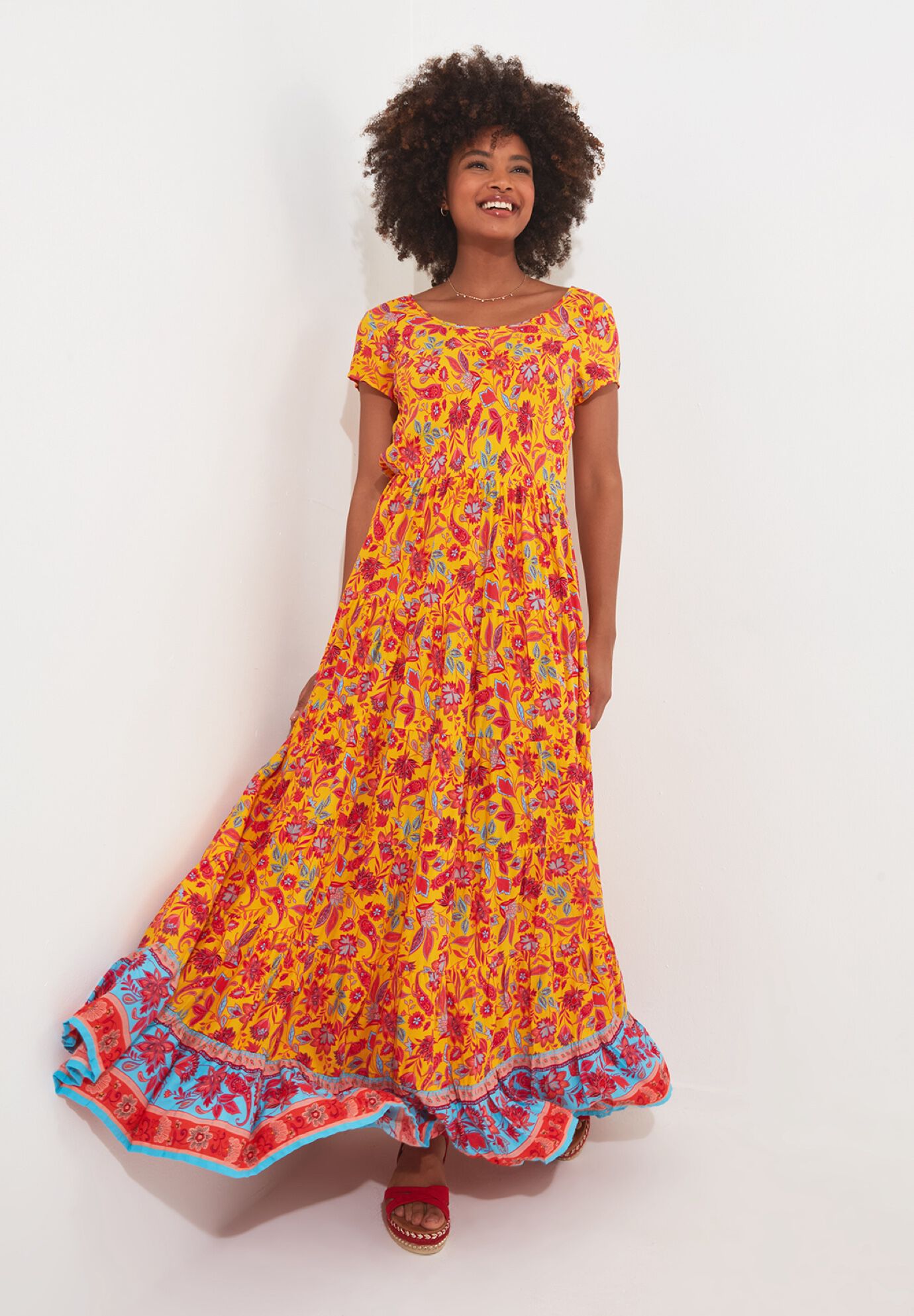 Short Sleeve Flowy Maxi Dress, GOLDEN BLOOM, alternate image number 4