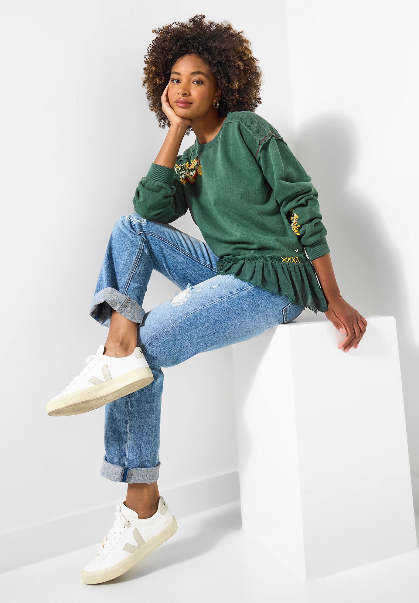 Peplum Sweatshirt, GREEN GARDEN EMBROIDERY, alternate image number 4