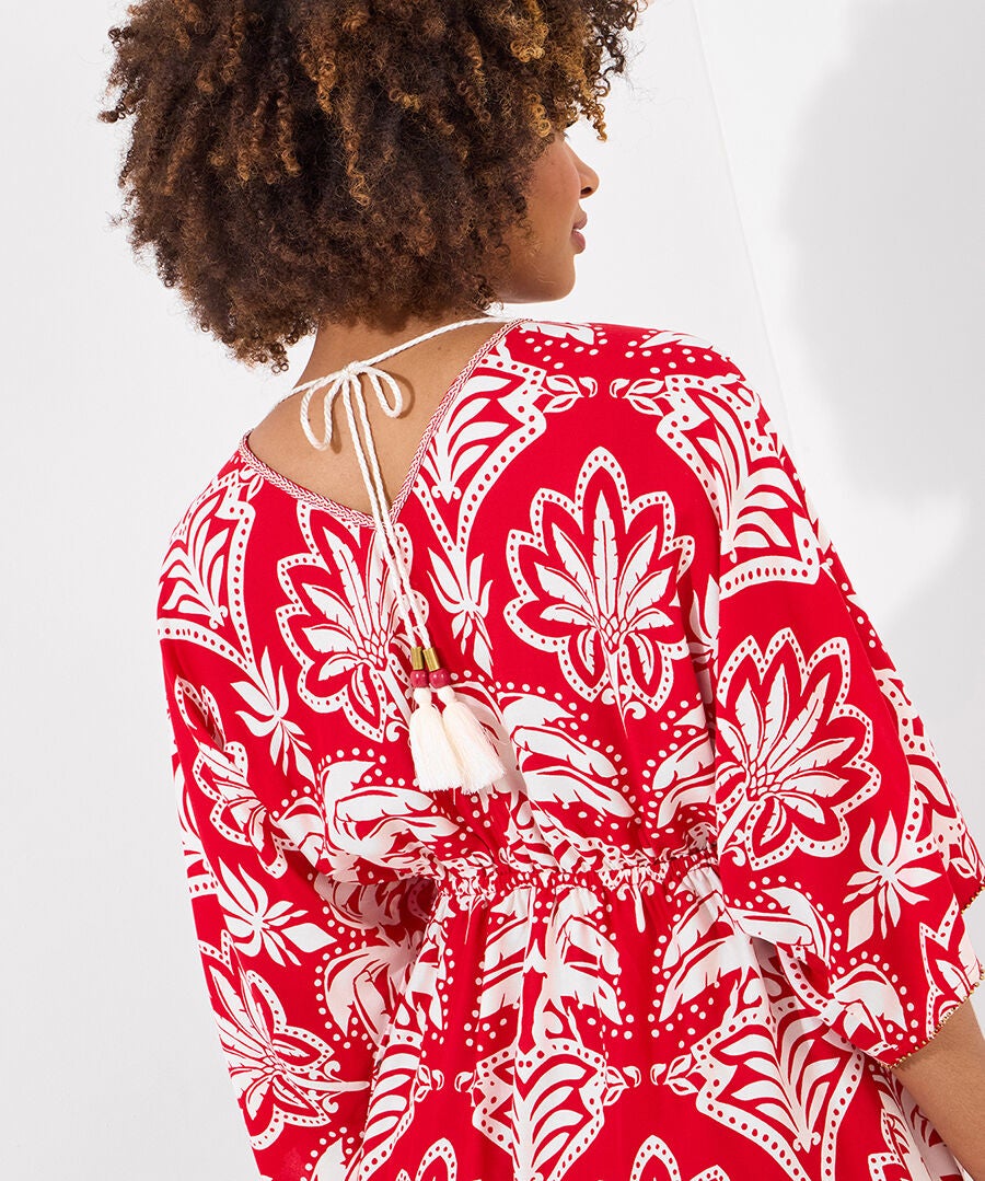 Batwing Tassel Tunic, MEGA RED PALMS, alternate image number 2