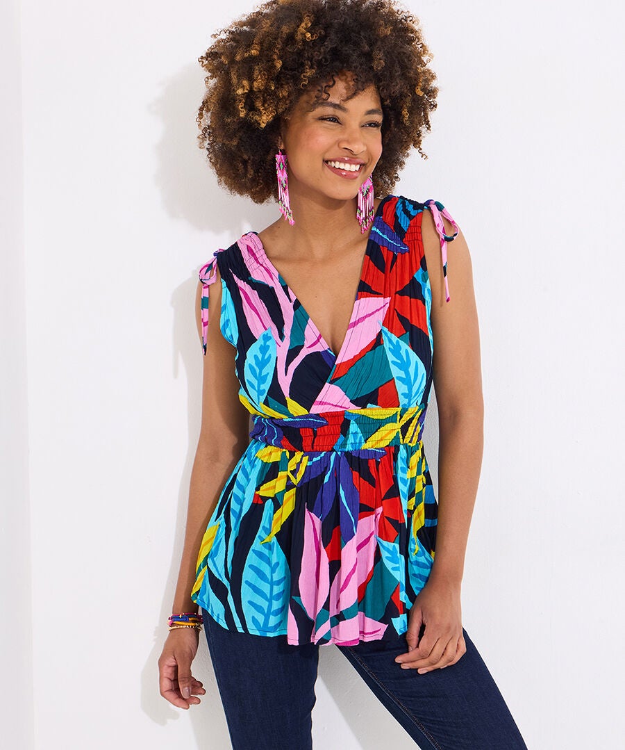 Faux Wrap Peplum Top, MULTI PALM LEAVES, alternate image number 4