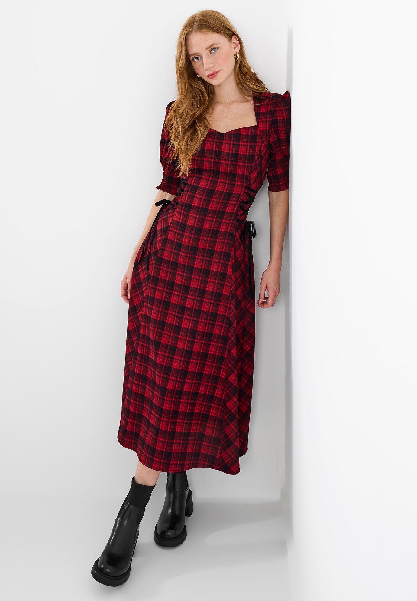 Tartan Plaid Lace-Up Midi Dress, RED TARTAN, alternate image number 5