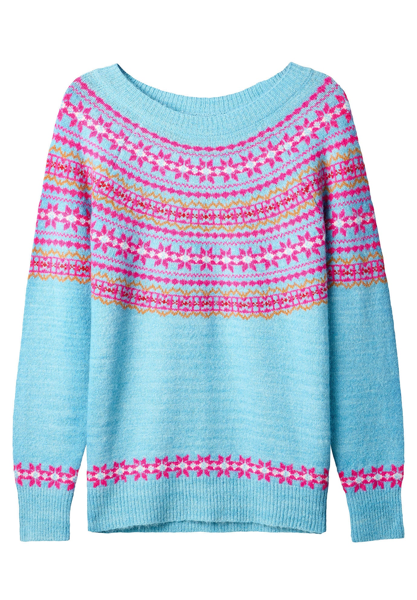 Fair Isle Rib Trim Crewneck Pullover, BLUE FAIRISLE, alternate image number 4