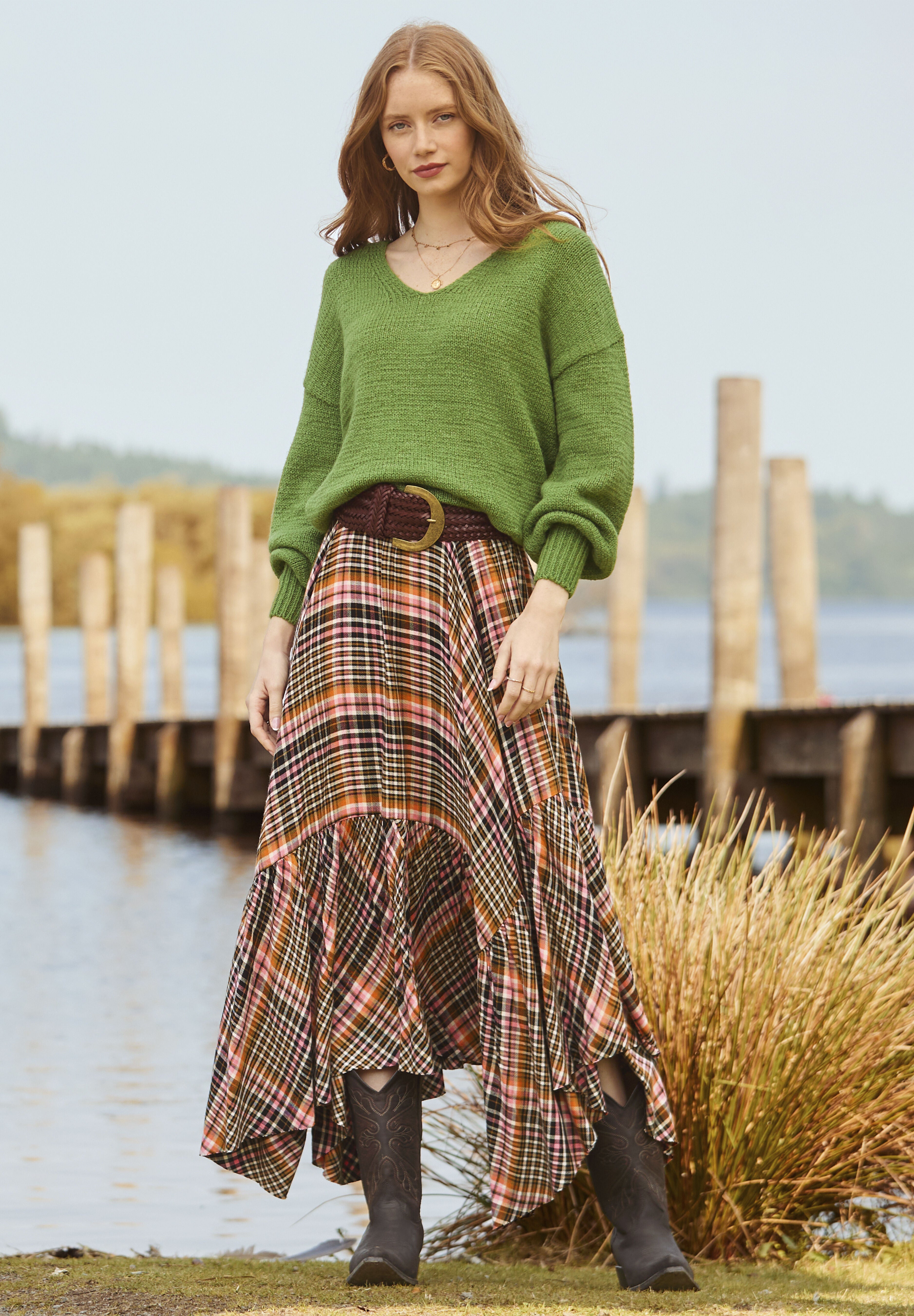 Checkered Hanky Hem Maxi Skirt, AUTUMN SUNSET PLAID, hi-res image number 0
