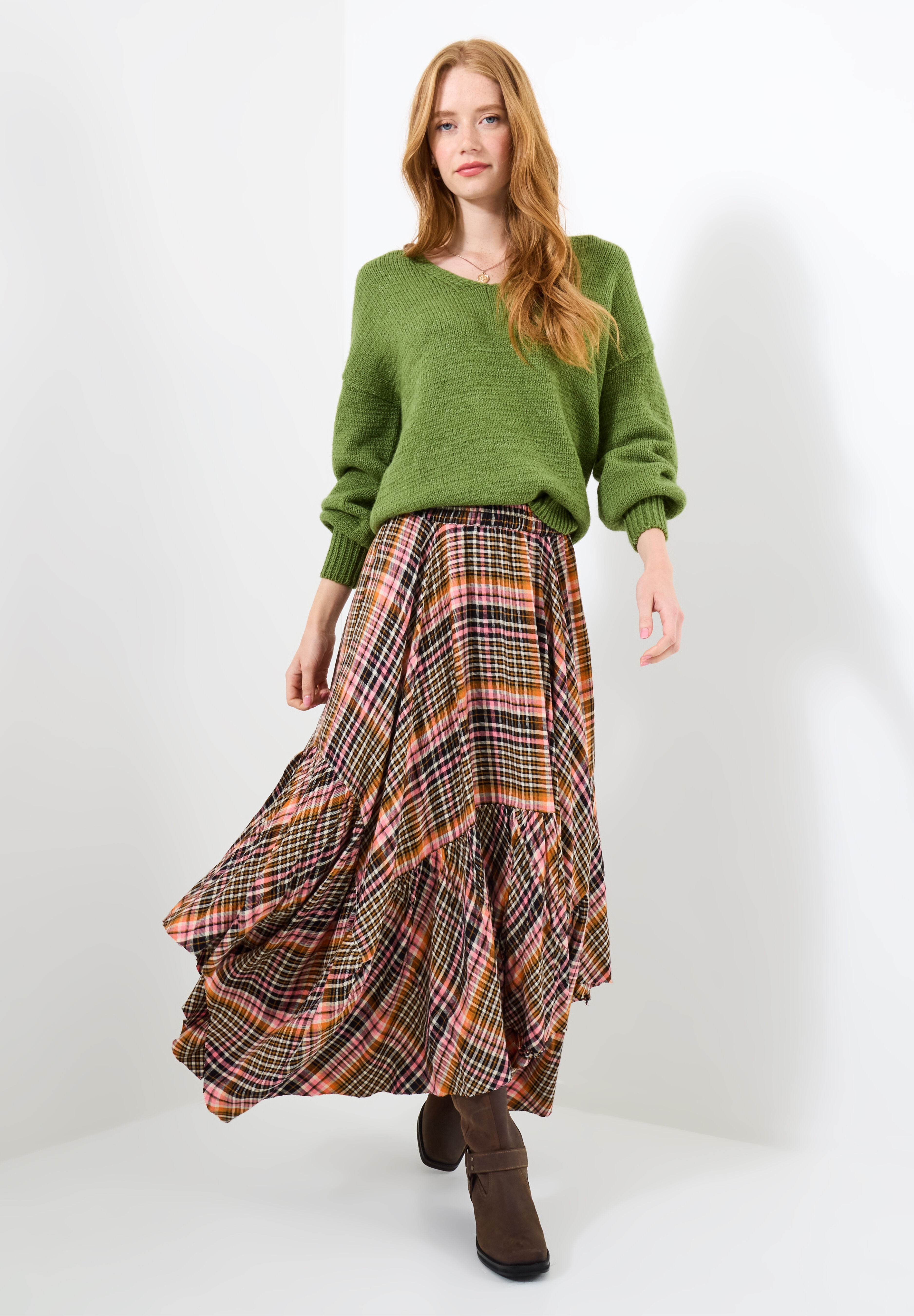 Checkered Hanky Hem Maxi Skirt, AUTUMN SUNSET PLAID, alternate image number 2