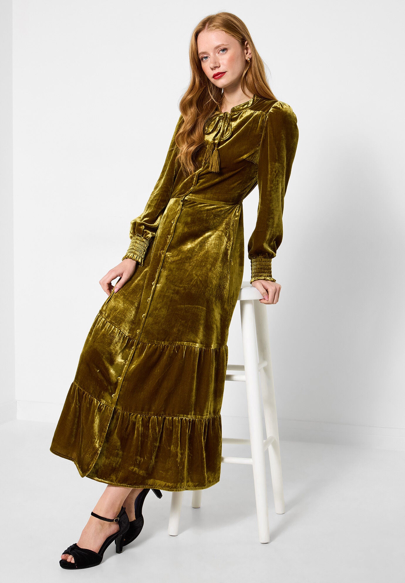 Tiered Velvet Tie Neck Dress, CHARTREUSE, on-hover image number 1
