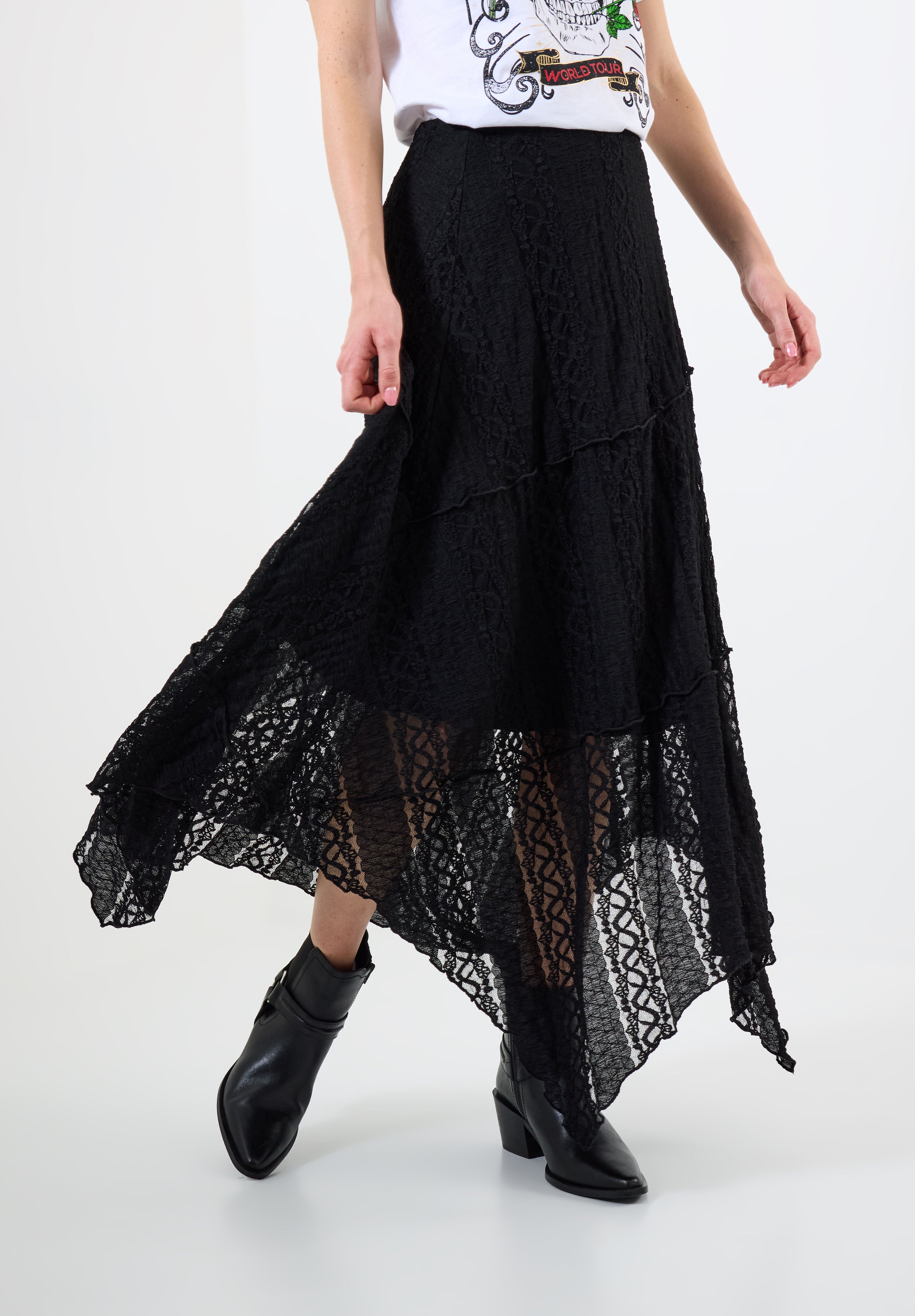 Stretch Lace Hanky Hem Maxi Skirt, BLACK, on-hover image number 1
