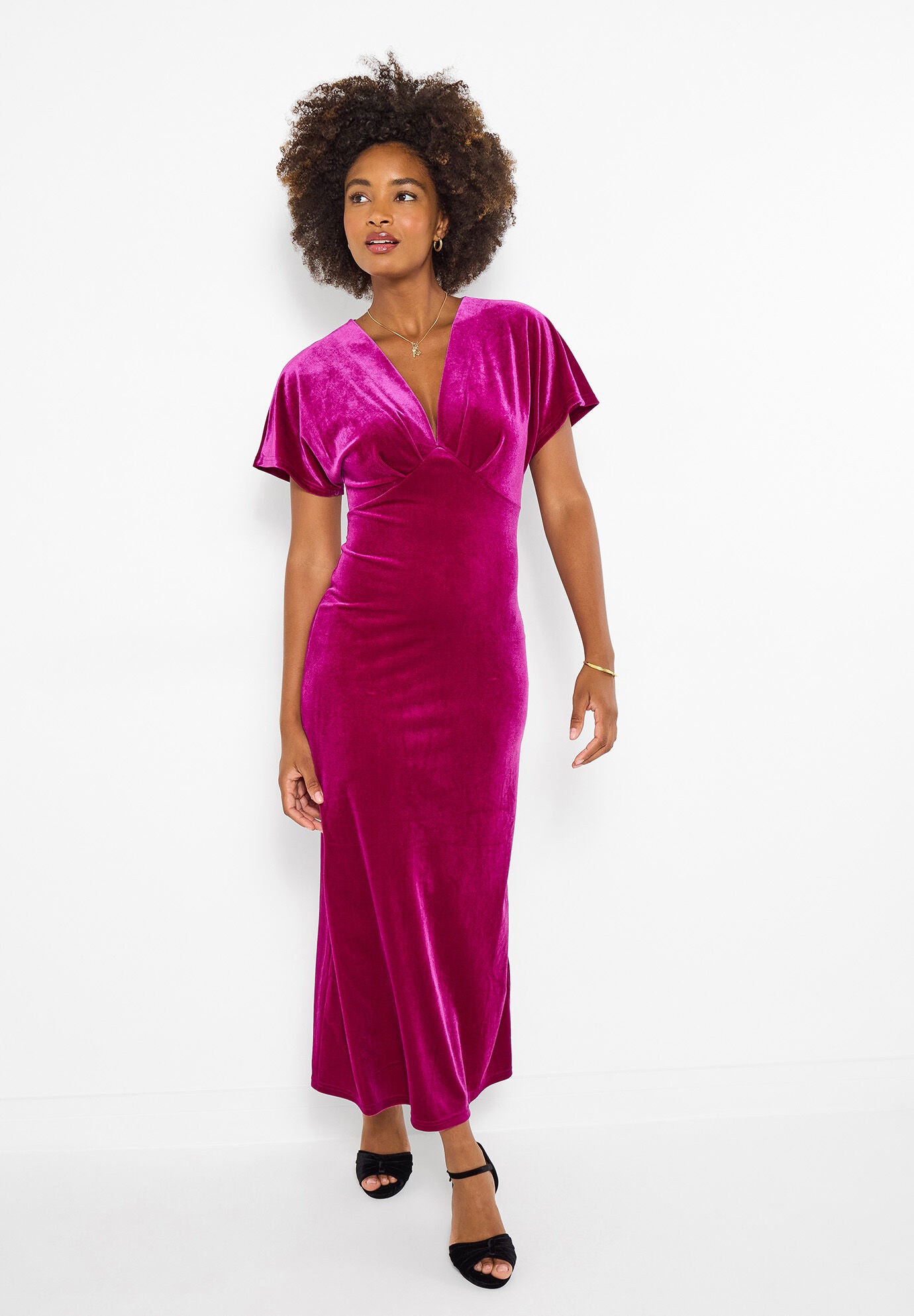 Velvet Deep V-Neck Midi Dress, HOT PINK, on-hover image number 1