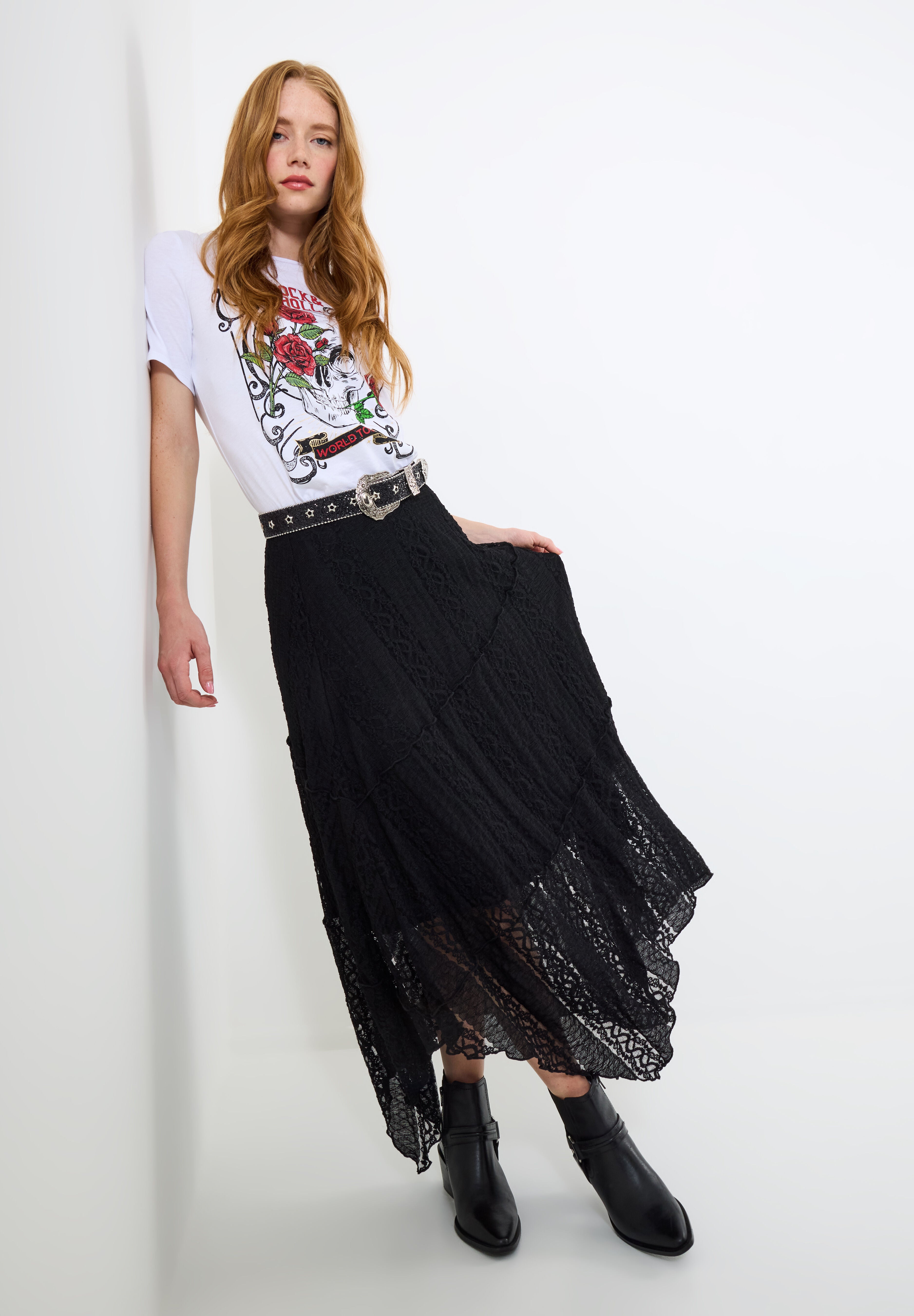 Stretch Lace Hanky Hem Maxi Skirt, BLACK, alternate image number 5