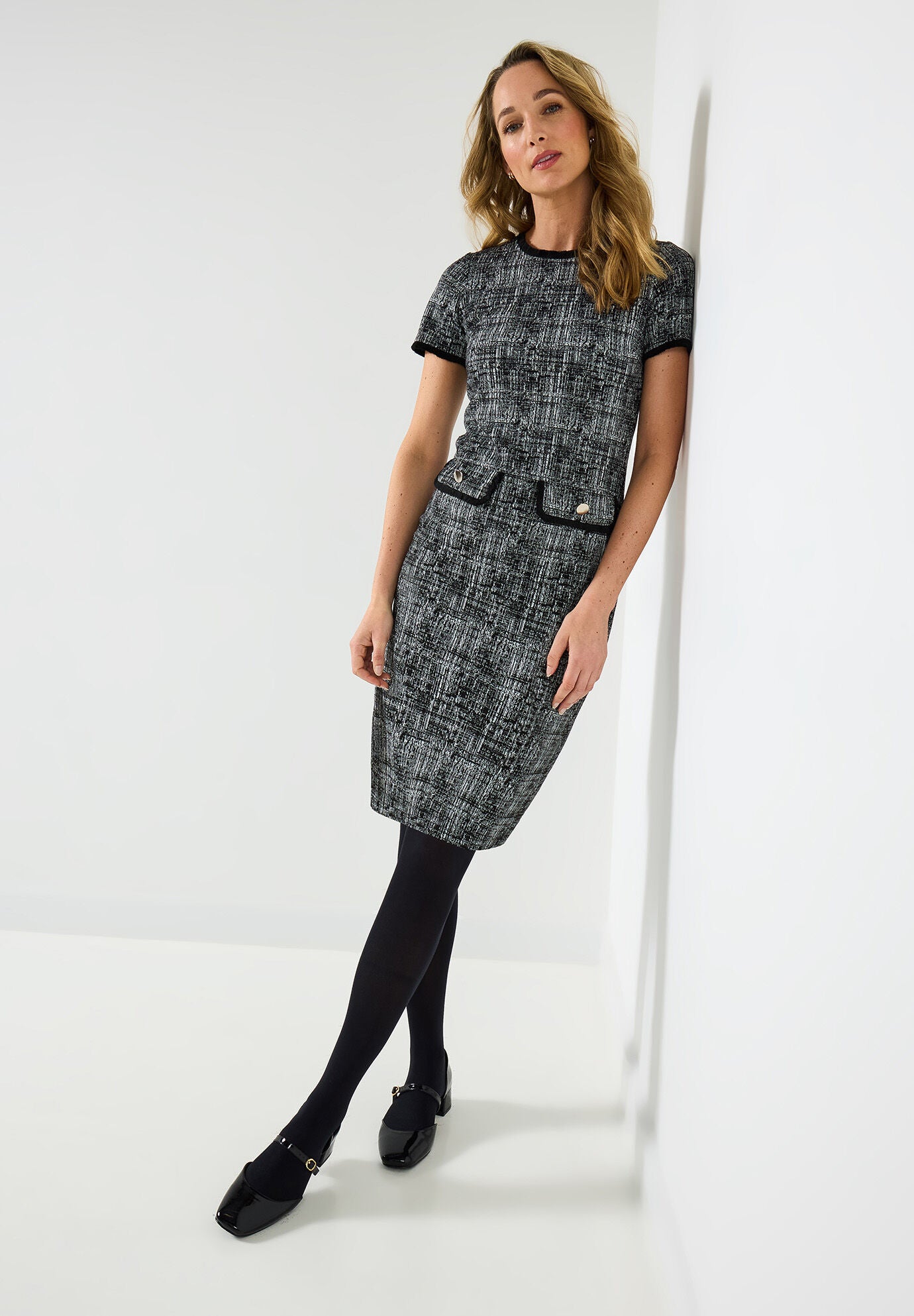 Stretch Tweed Shift Dress, BLACK GRAPHIC TWEED, hi-res image number 0