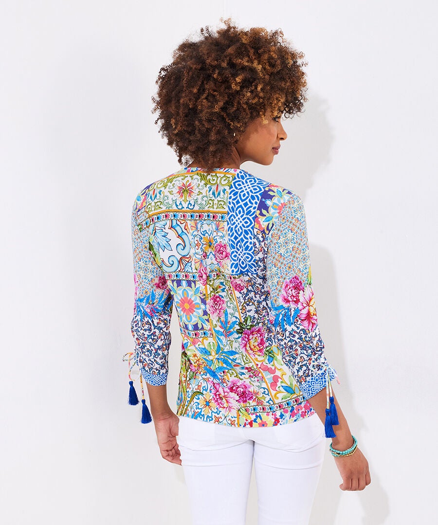 Notch Neck Boho Blouse, MULTI FLORAL GEO, alternate image number 3