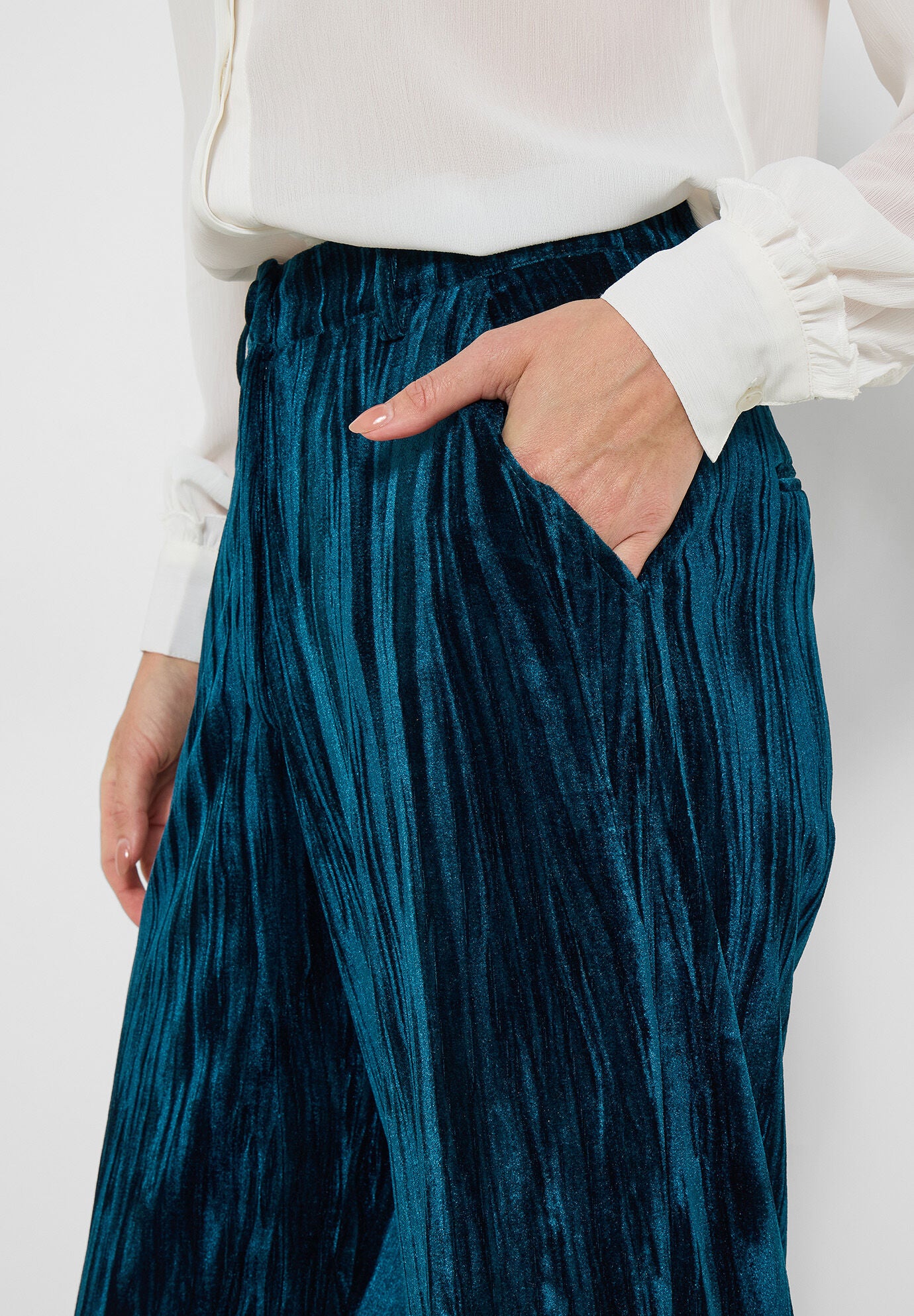 Crinkle Velvet Trouser, TEAL, alternate image number 2