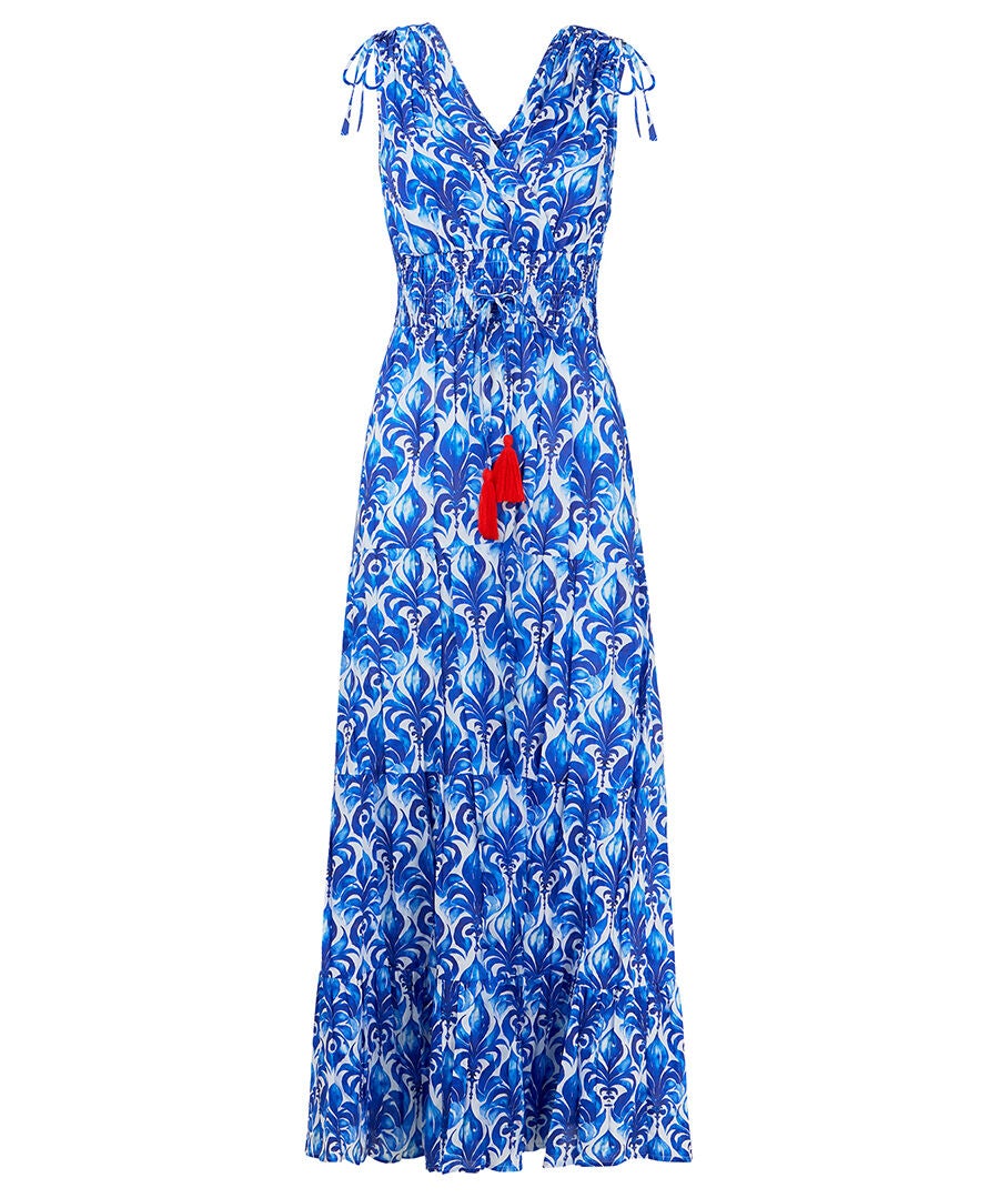Faux Wrap Cotton Maxi Dress, BLUE SCROLL MEDALLION, alternate image number 4