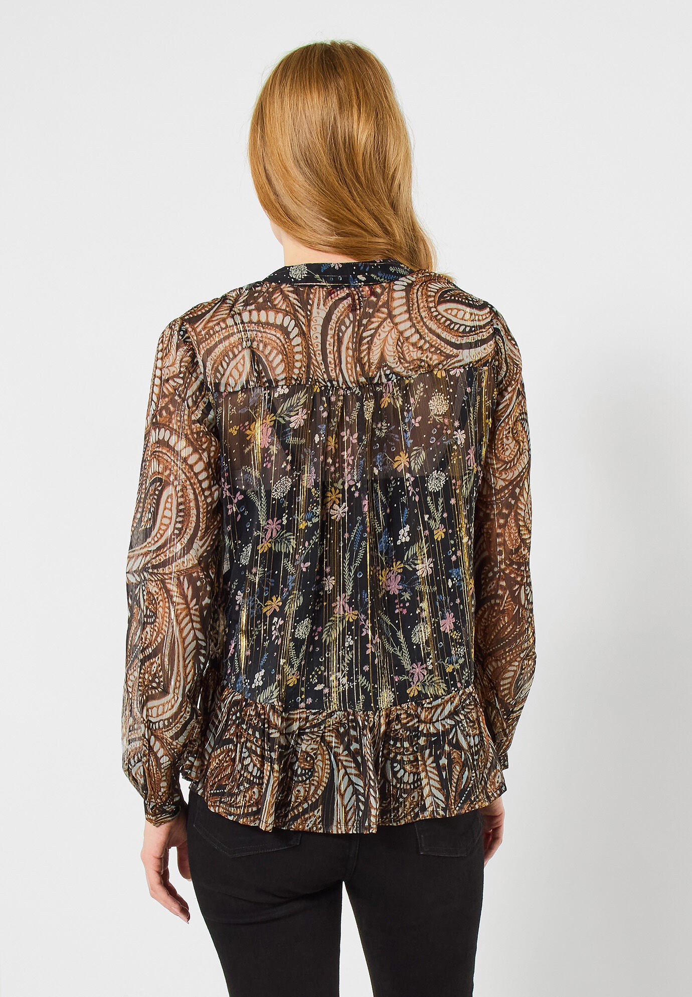 Sheer Metallic Lace-Up Blouse, METALLIC PAISLEY, on-hover image number 1