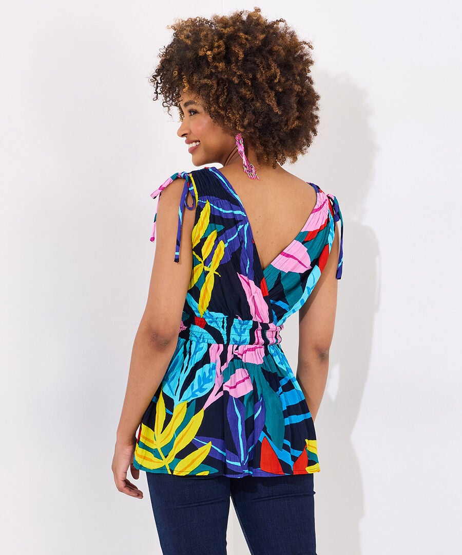 Faux Wrap Peplum Top, MULTI PALM LEAVES, alternate image number 2