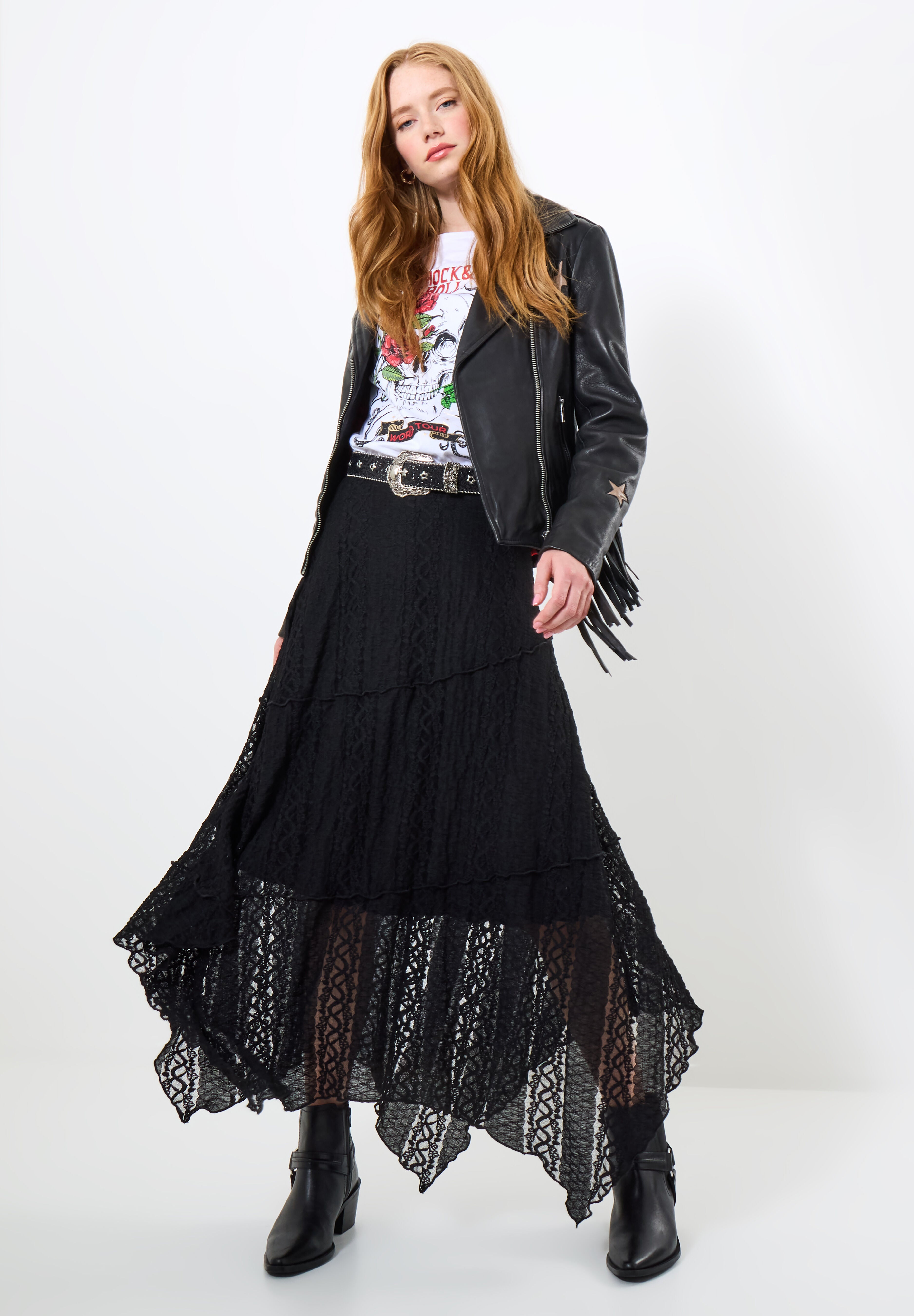 Stretch Lace Hanky Hem Maxi Skirt