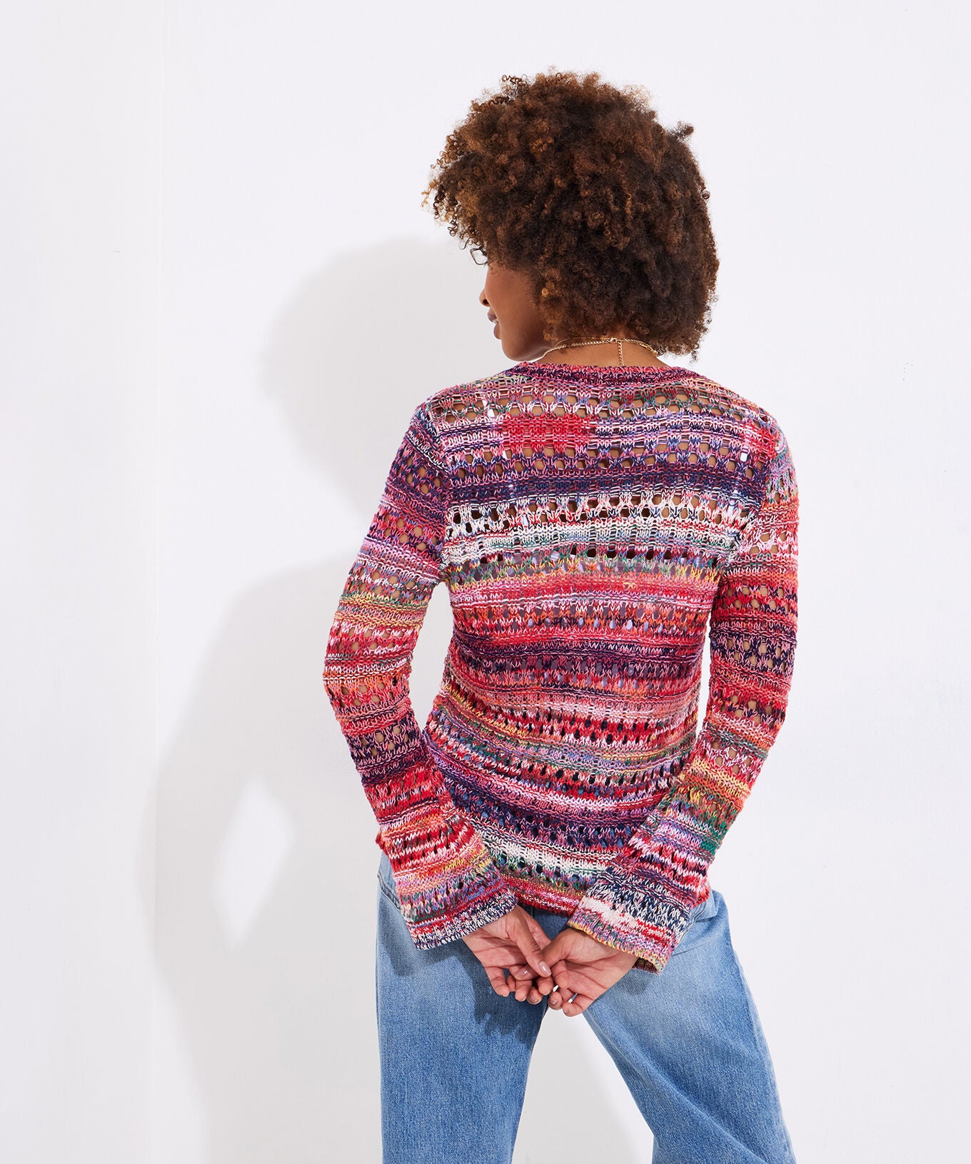 Long Sleeve Pointelle Sweater, MULTICOLOR STRIPE, alternate image number 3