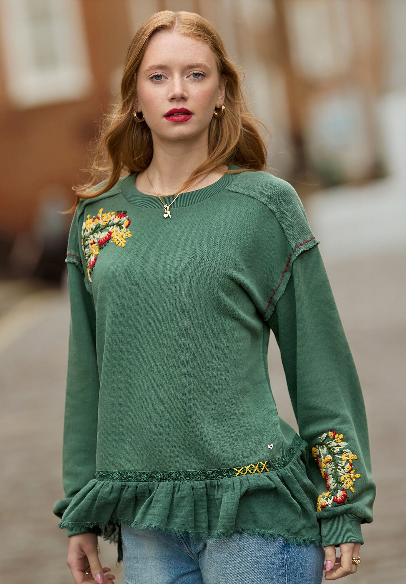 Peplum Sweatshirt, GREEN GARDEN EMBROIDERY, hi-res image number 0