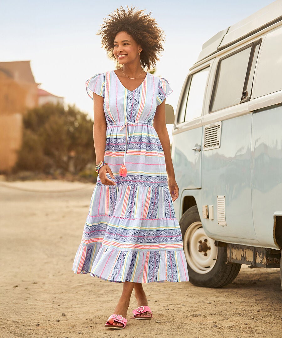 Abstract Sleeveless Maxi Dress, BOHO GEO STRIPES, hi-res image number 0