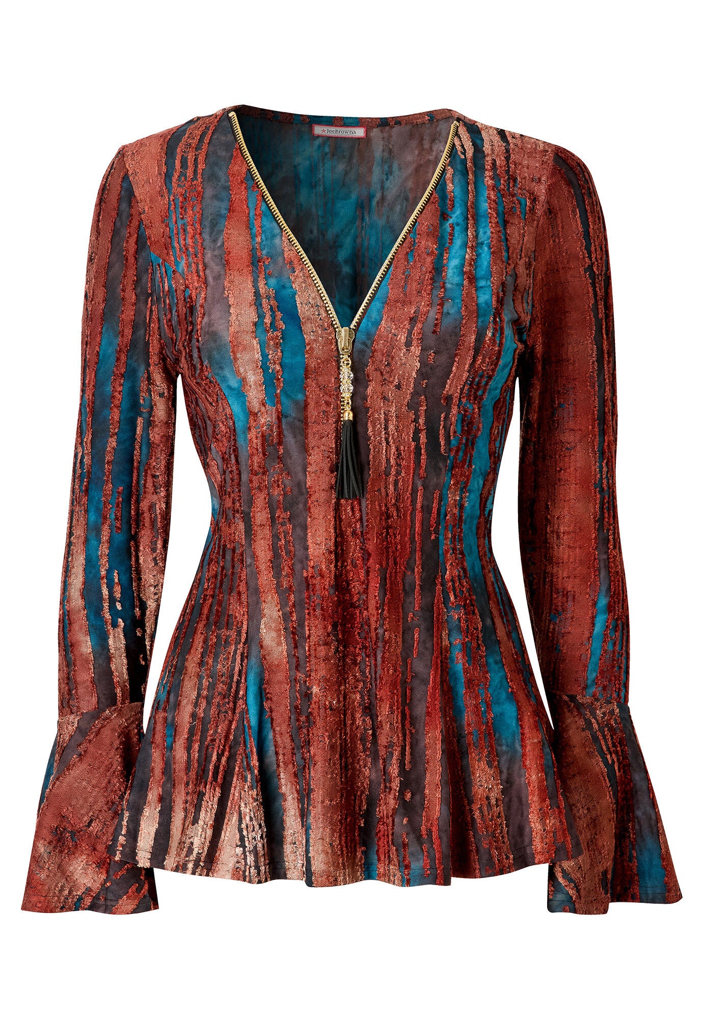 Zip Neck Bell Sleeve Top, RUST BURNOUT STRIPE, alternate image number 4