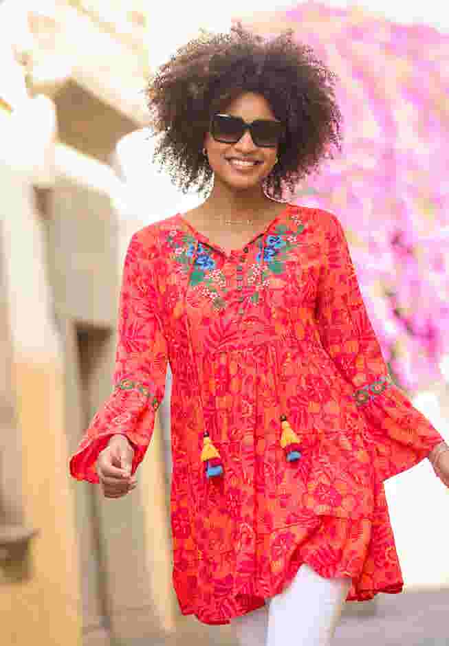 Boho Embroidered Crinkle Tunic image number 0