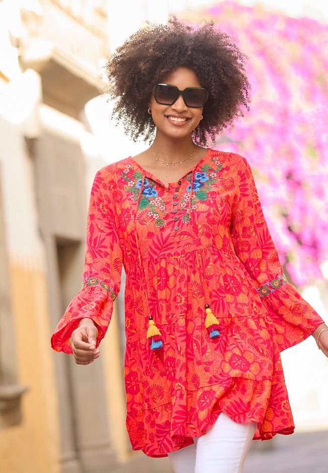 Boho Embroidered Crinkle Tunic image number 0