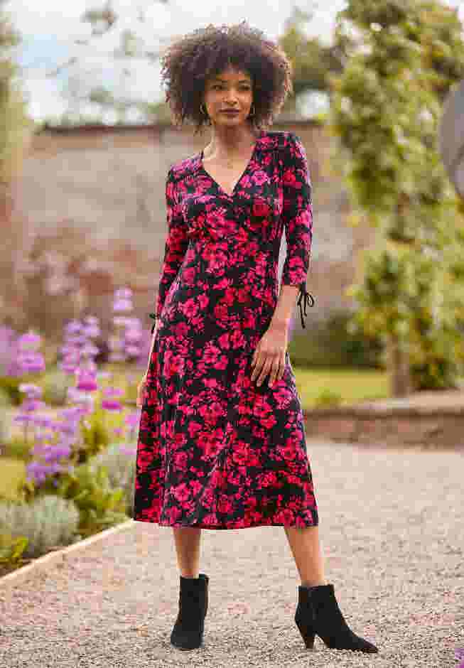 Stretch Knit Faux Wrap Midi Dress image number 0