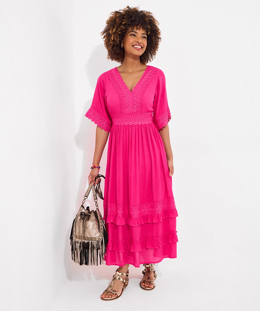 Crochet Trim Boho Midi Dress image number 0