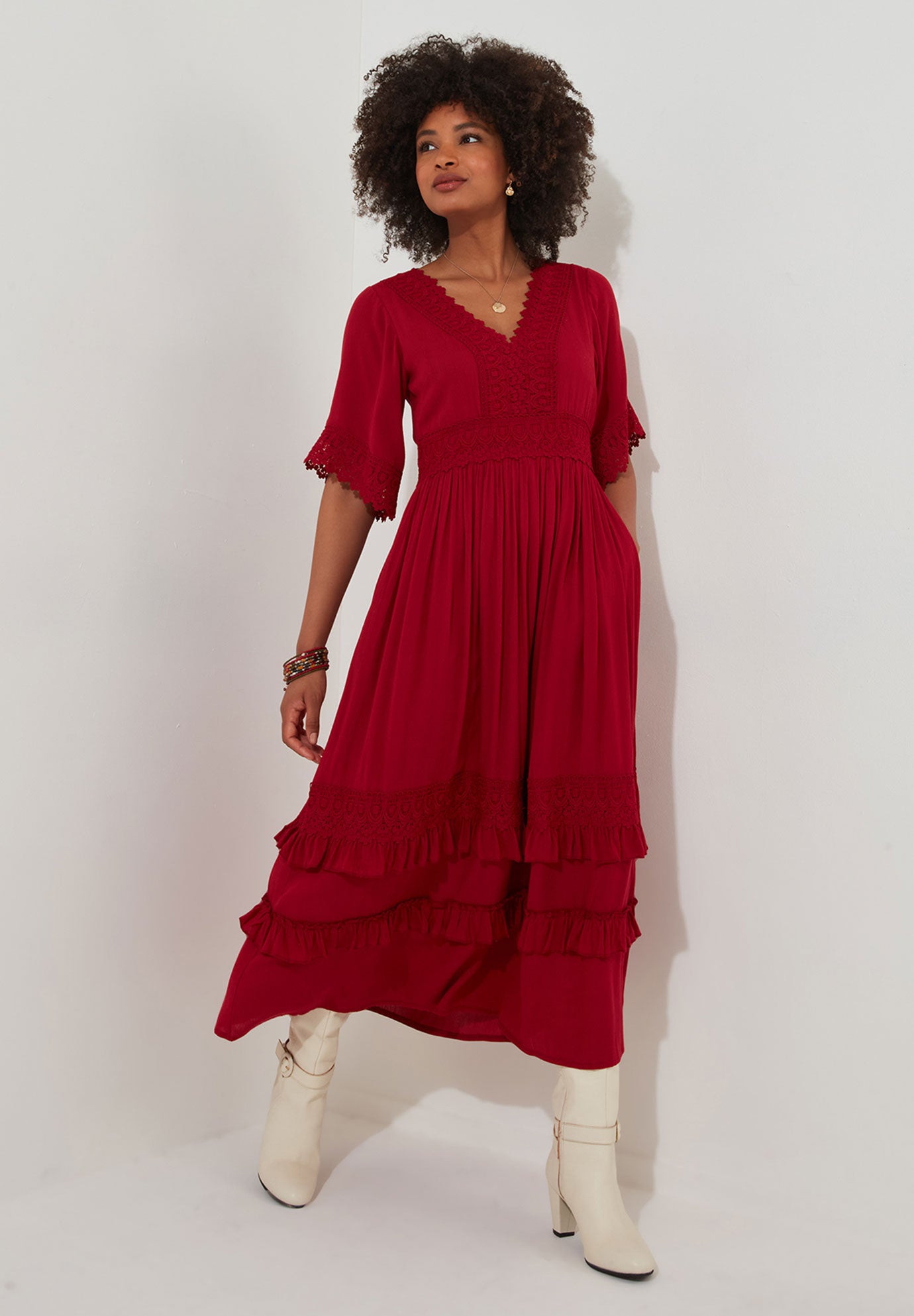 Crochet Trim Boho Midi Dress image number 0