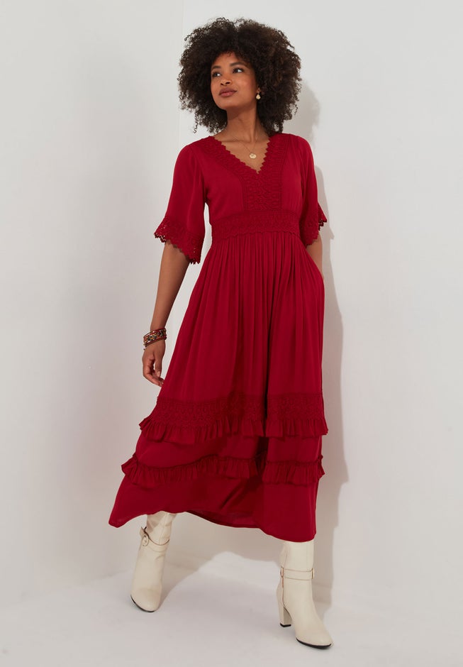 Crochet Trim Boho Midi Dress image number 0