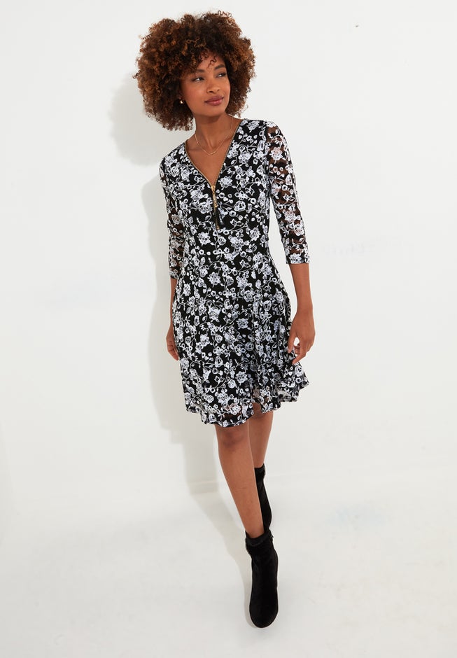 Lace Zip V-Neck Midi Dress image number 2