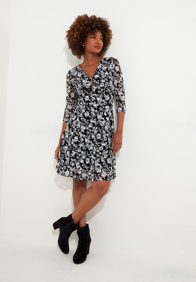 Lace Zip V-Neck Midi Dress image number 0