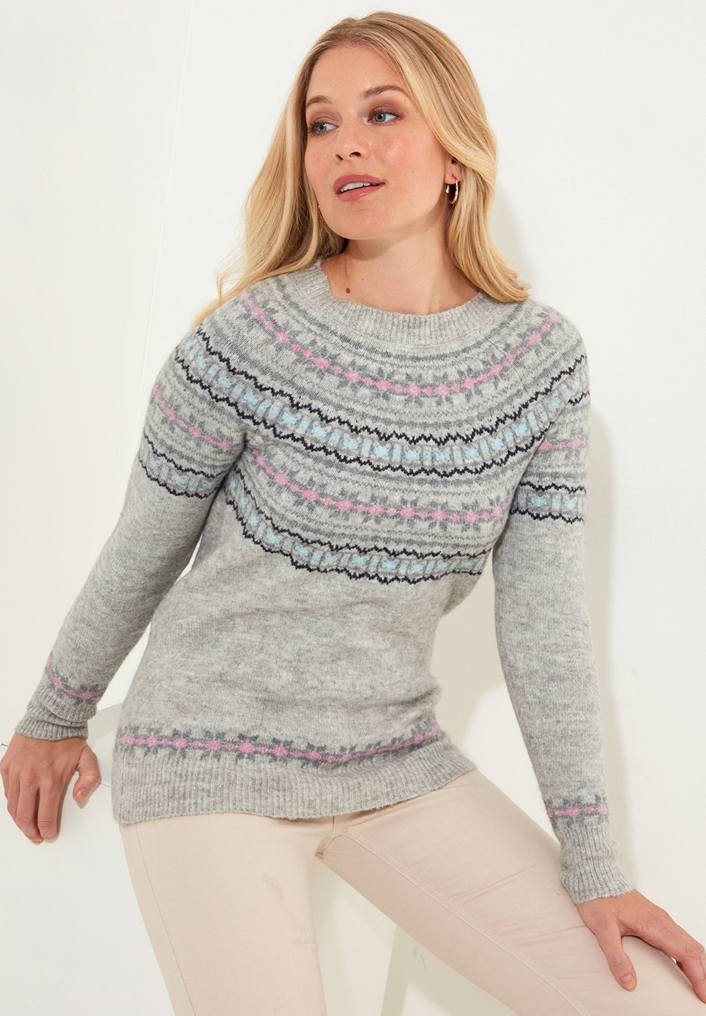 Fair Isle Rib Trim Crewneck Pullover image number 0