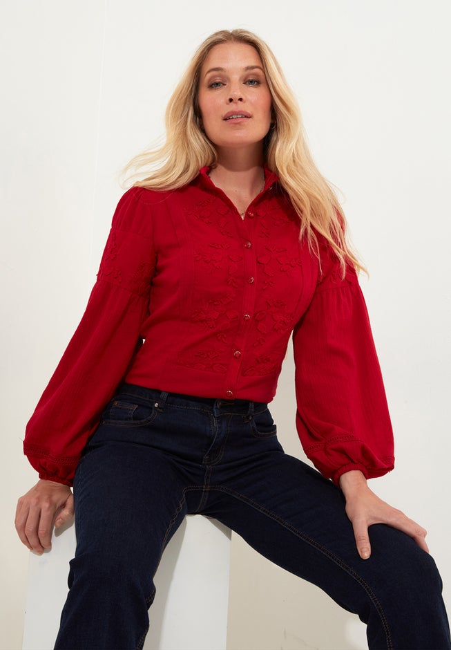 Long Balloon Sleeve Embroidered Blouse image number 2