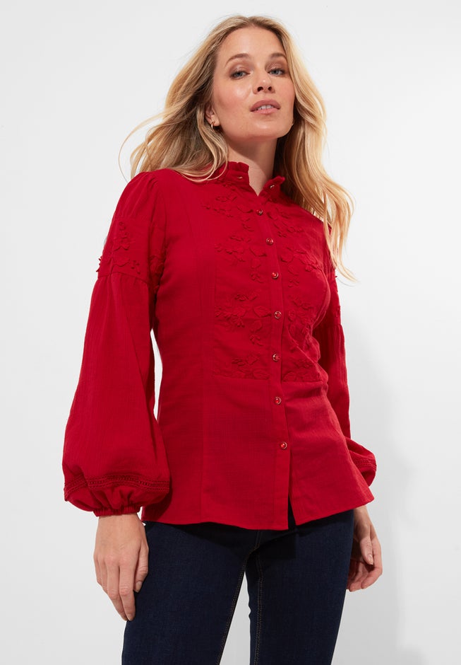Long Balloon Sleeve Embroidered Blouse image number 0